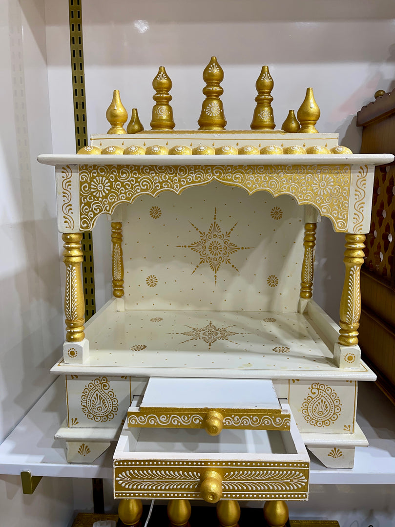 18”x12”x24” Wooden Mandir Indian Pooja Temple with Storage Drawer & Pull-Out Tray | Home Puja Mandap with Intricate Detailing