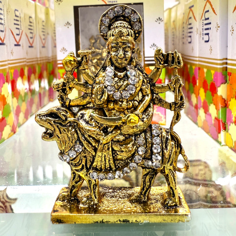 Shri Durga Maa Idol (2.5”) – Golden Murti Riding Lion with Weapons for Strength & Protection