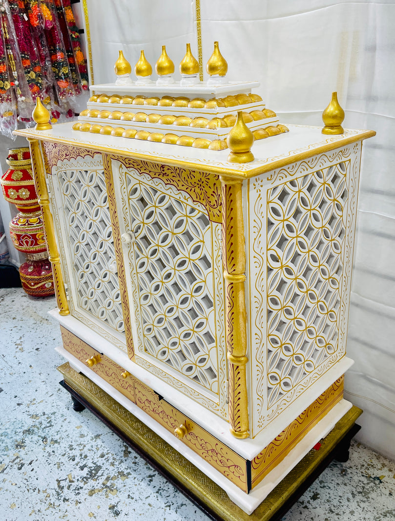 30 x 15 x 36" White & Gold Temple Mandir With Doors