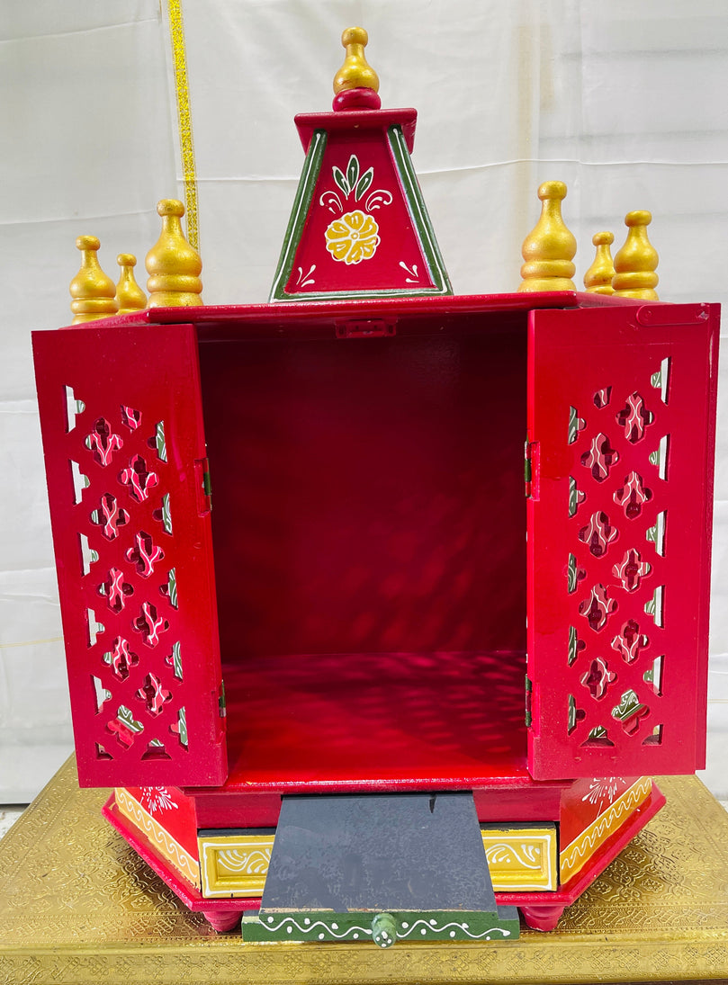 15 x 9 x 24" Red, Green, and Gold Temple Mandir With Doors