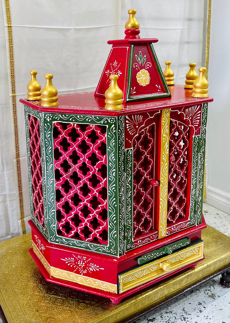 22 x 12 x 30" Red, Green, and Gold Temple Mandir With Doors