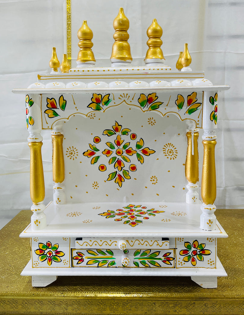 15 x 8 x 21" White & Gold Flower Temple Mandir Without Doors