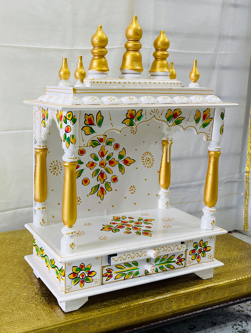 15 x 8 x 21" White & Gold Flower Temple Mandir Without Doors