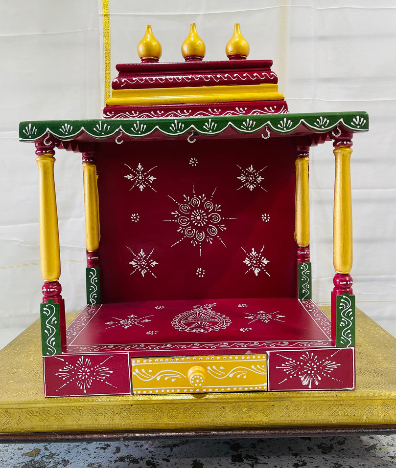 24 x 14 x 32" Red, Green & Gold Temple Mandir With Bells