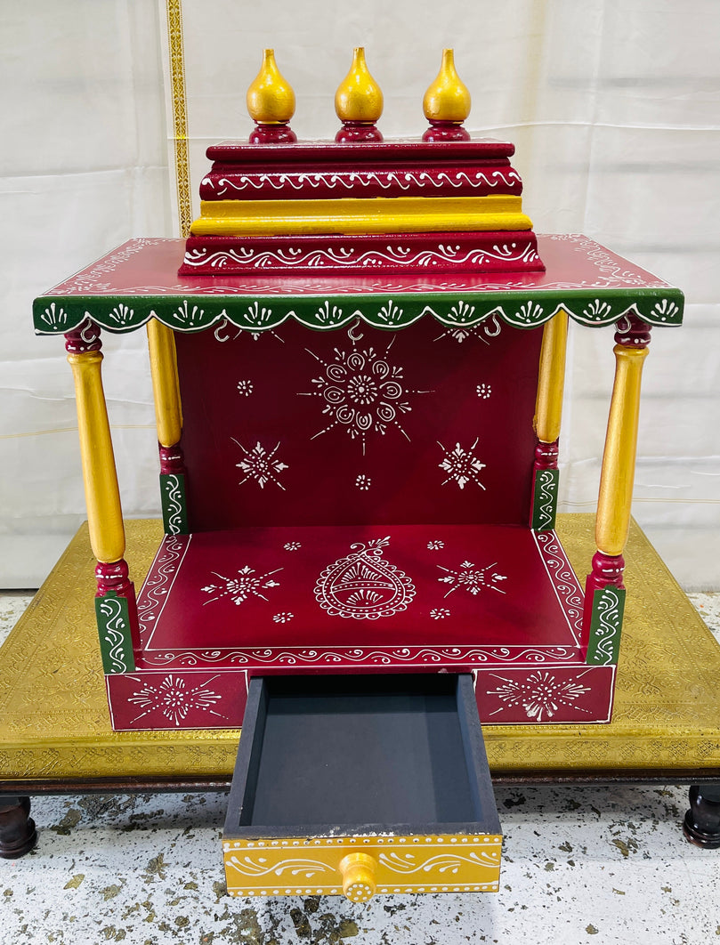24 x 14 x 32" Red, Green & Gold Temple Mandir With Bells