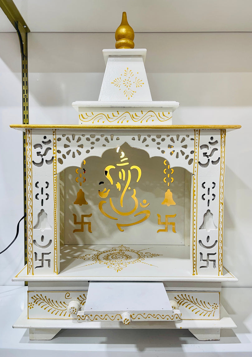 30 x 15 x 42" White and Gold Ganesh Swastik Temple Mandir With Lights