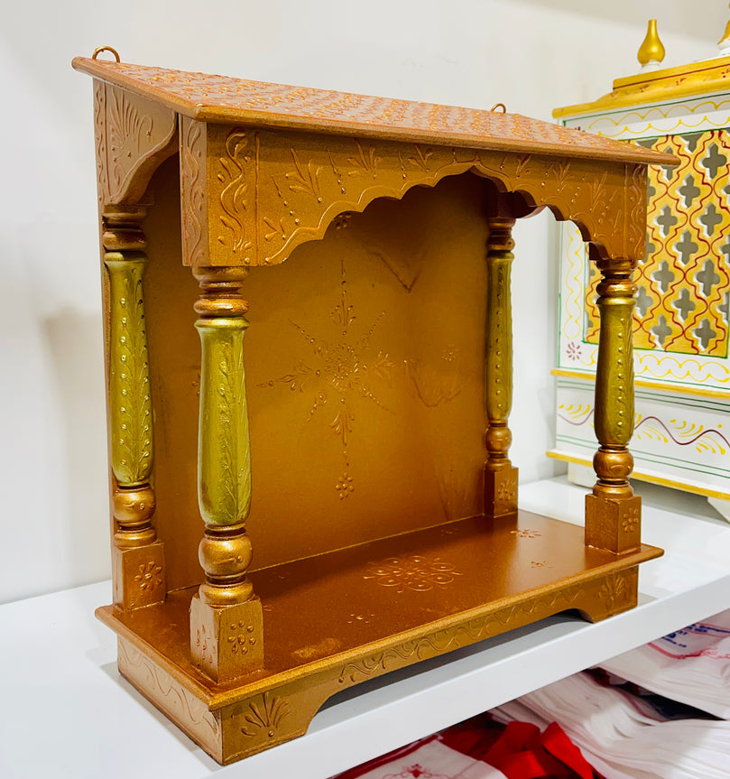 13 x 6 x 15 - Brown & Gold Temple Mandir With Wall Hanging Hooks