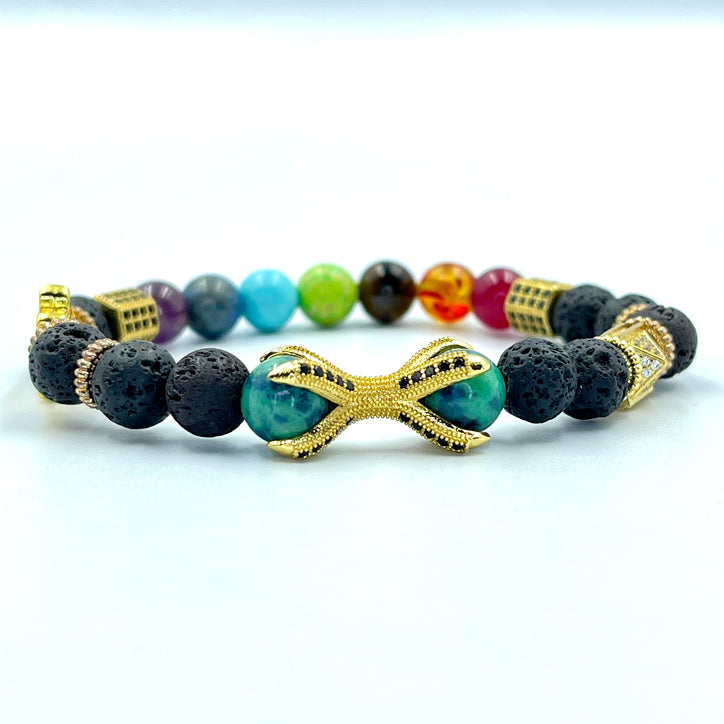 Seven Chakra Gemstone, Lava Stone and Hamza Hand Evil Eye Bracelet