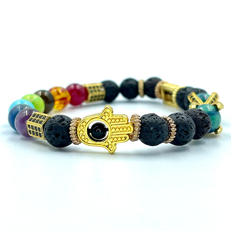 Seven Chakra Gemstone, Lava Stone and Hamza Hand Evil Eye Bracelet