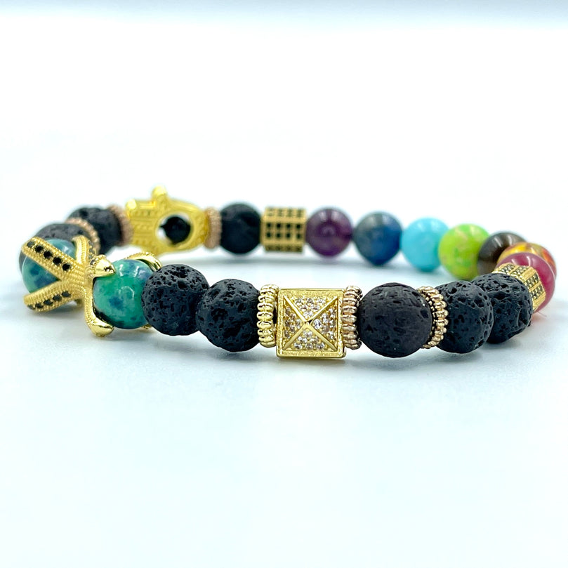 Seven Chakra Gemstone, Lava Stone and Hamza Hand Evil Eye Bracelet