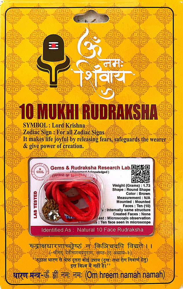 10 Faced (Mukhi) Rudraksha Necklace (Lab Certified) - Lord Krishna, Protects and Benefits from 9 Planets Energies, Protects from Evil Eye, Ghosts and Spirits, Encreases Aura/Prana/Chi Energy, Heals Anxiety, Back Pain,  Psychic attacks, & Sexual Disorders