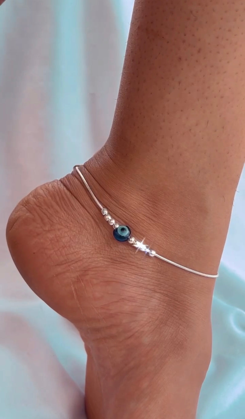 925 SILVER ANKLET PAYAL - EVIL EYE WITH CIRCLE SILVER BEADS