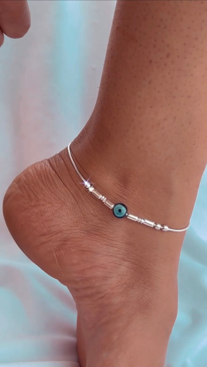 925 SILVER ANKLET PAYAL - EVIL EYE WITH LONG SILVER BEADS