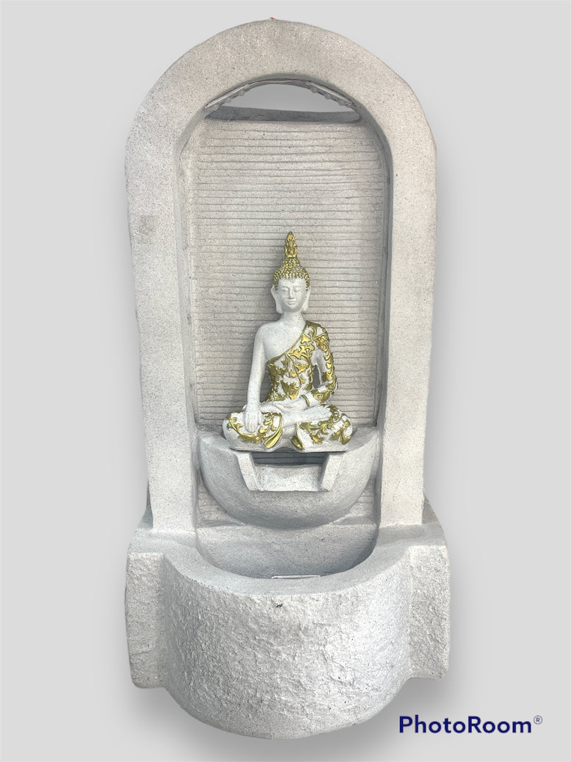 3ft Tall Meditating Buddha Seated Under Water Fountain - with Lights & Water Pump
