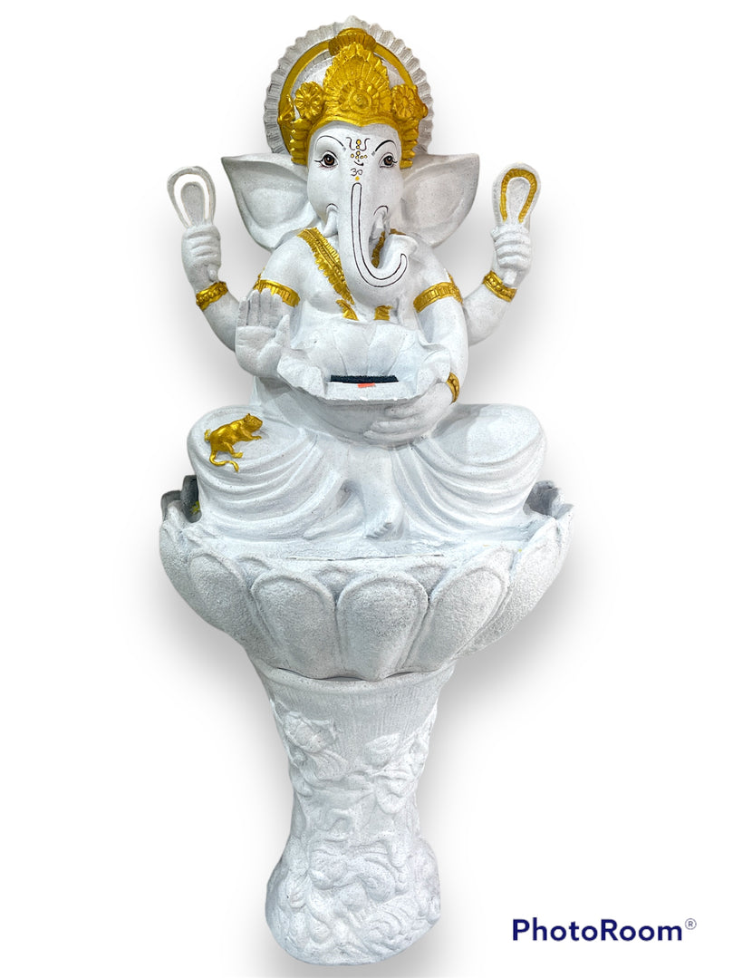 Large Standing Ganesha On Lotus Pedestal, Water Fountain With Light