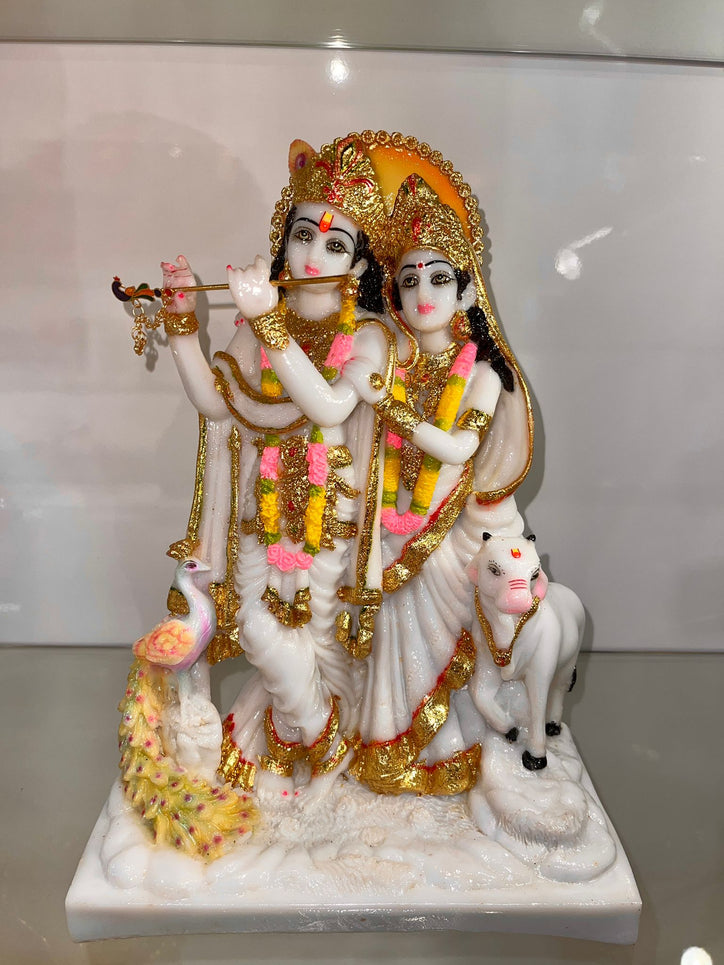 White Radha Krishna with Cow and Peacock