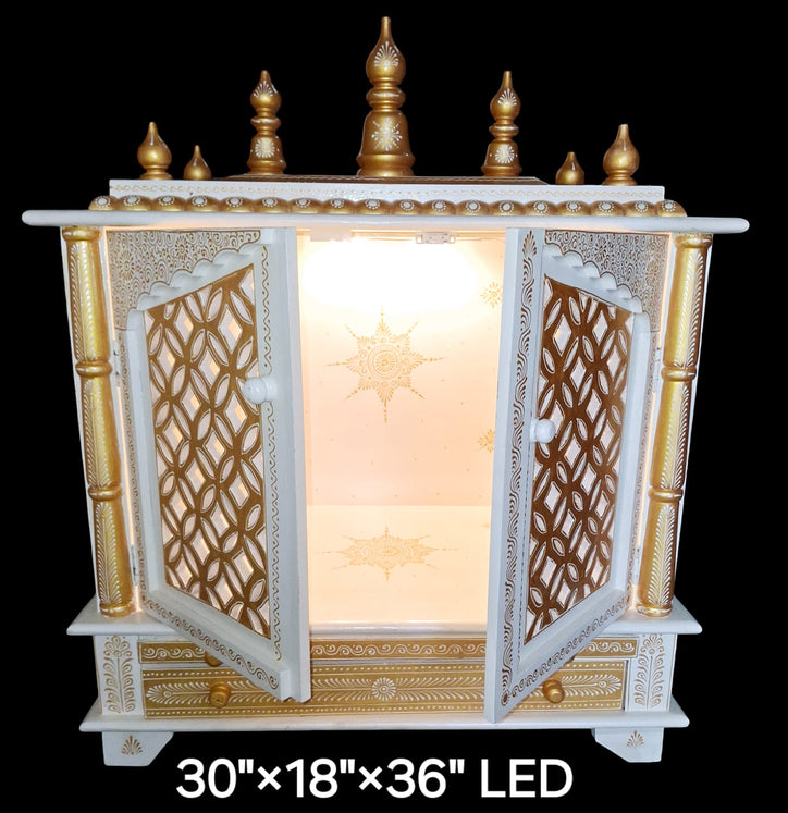 30"x18"x36" LED White and Gold Wooden Mandir, Double Drawer, and Extra Large Pull-Out Tray