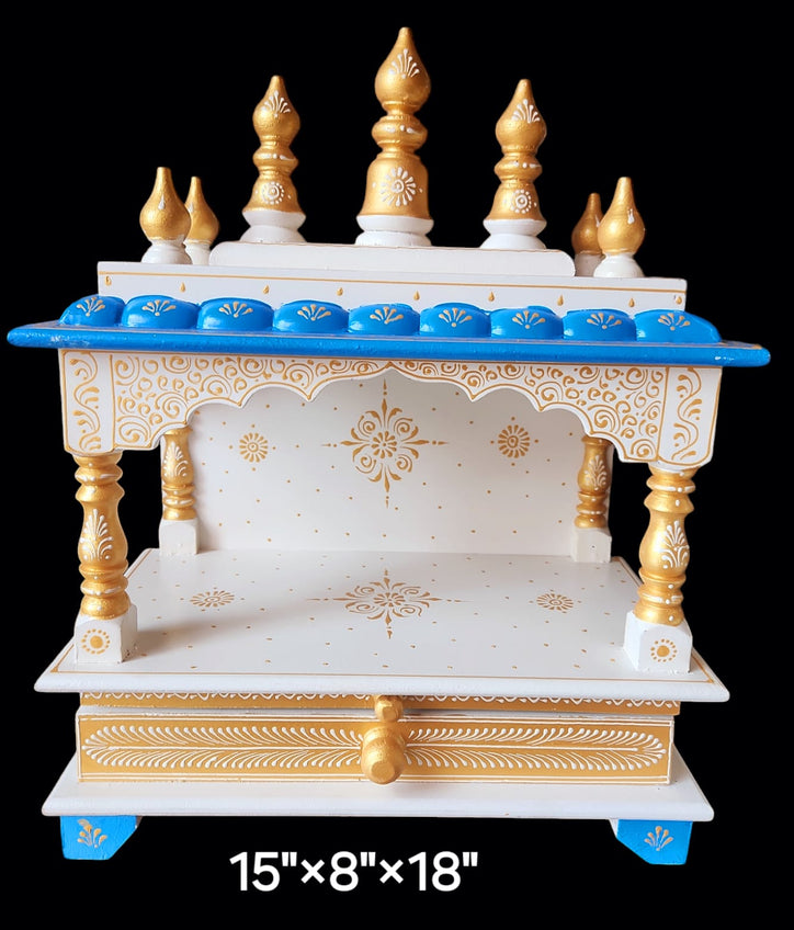 15”x8”x18” Blue, White and Gold Wooden Mandir with Storage Drawer and Pull-Out Tray for Daily Pooja