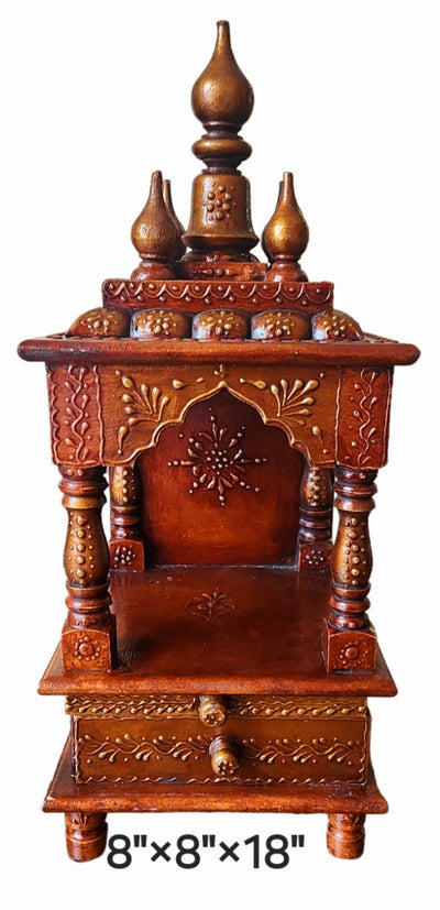 8”x8”x18” Brown Wooden Mandir with Pull-Out Tray, Storage Drawer, and Wall-Mount Hooks