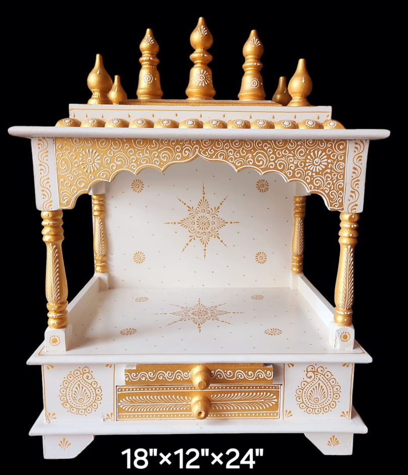 18”x12”x24” Wooden Mandir Indian Pooja Temple with Storage Drawer & Pull-Out Tray | Home Puja Mandap with Intricate Detailing