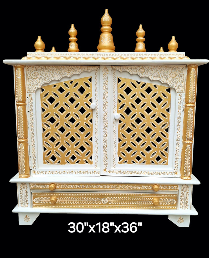 30”x18”x36” White and Gold Wooden Mandir with Double XL Drawer, and Extra Large Pull-Out Tray