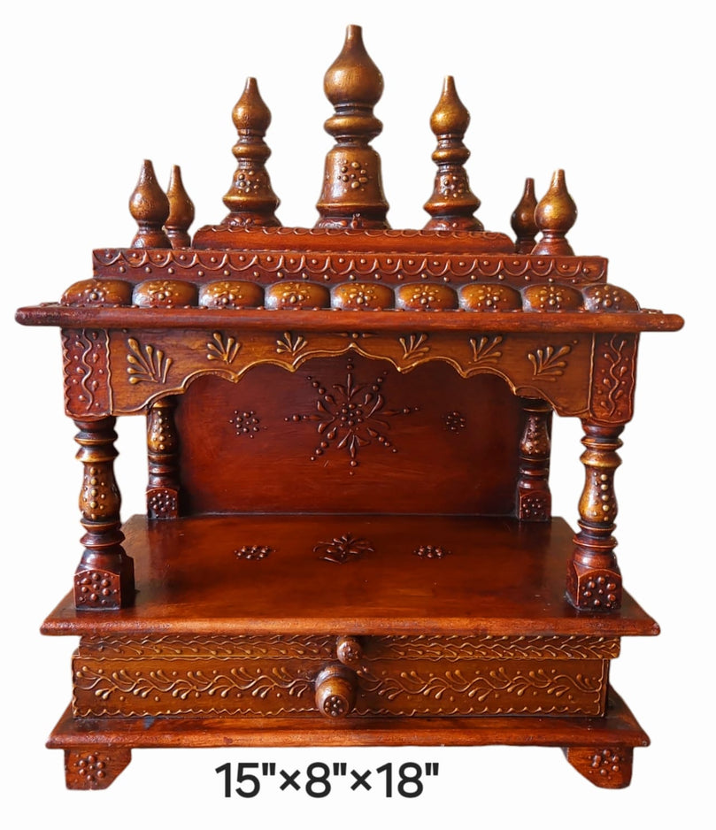 15"x8"x18" - Brown Wooden Mandir Temple Altar with Pull-Out Diya Tray, Storage Drawer & Wall Hanging Hooks