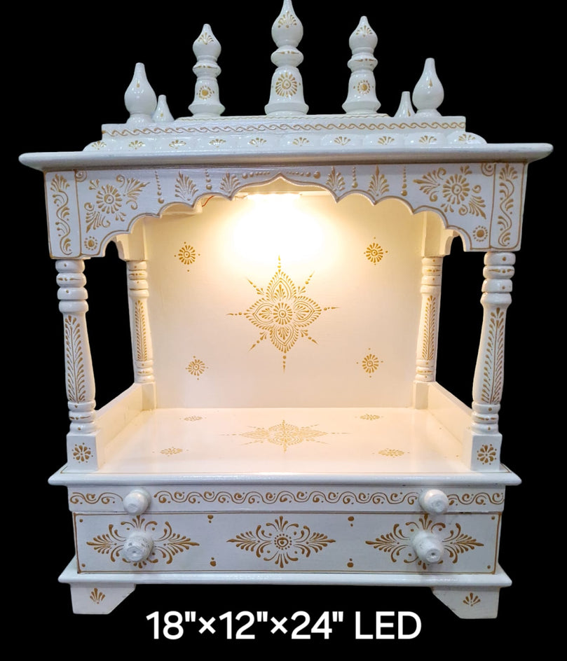 18”x12”x24 - White & Gold Wooden Mandir with LED Light (No Doors) – Extra Large Tray & Double-Sized Drawer