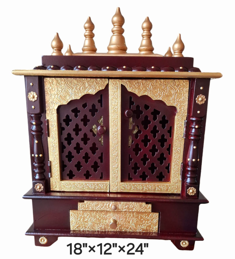 18”x12”x24” Brown and Gold Wooden Mandir with Intricate Doors and Pull-Out Tray for Daily Pooja