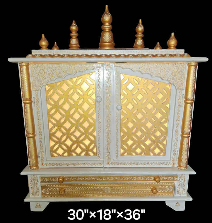 30”x18”x36” White and Gold Wooden Mandir with LED Lights, Double Drawer, and Pull-Out Tray