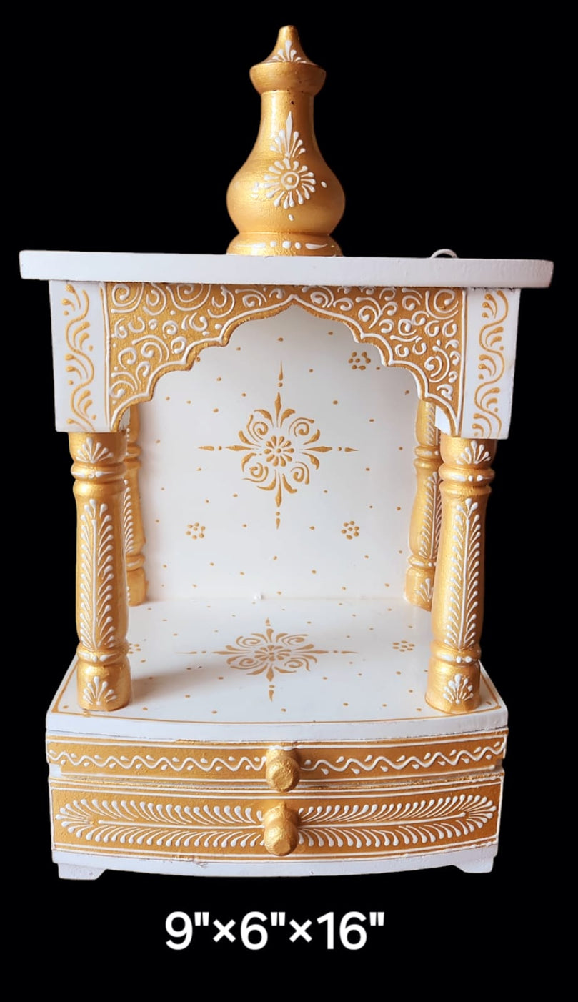 9”x6”x16” Compact White and Gold Wooden Mandir Altar Without Doors, Storage Drawer, and Pull-Out Tray for Daily Pooja