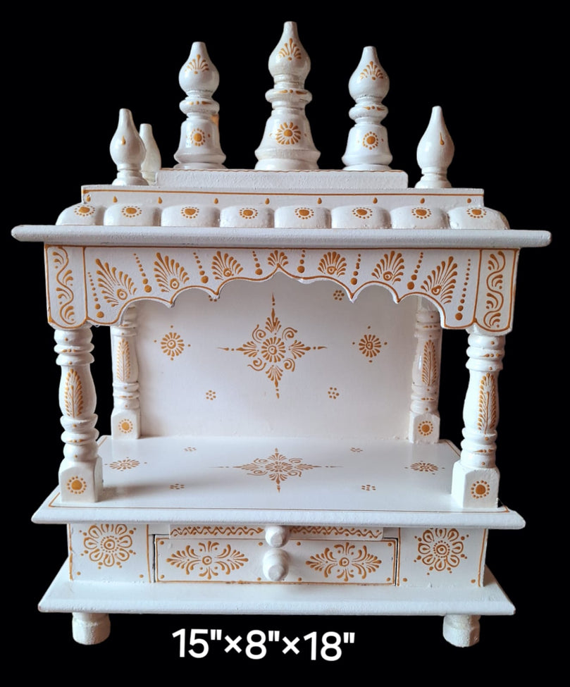 15”x8”x18” White Wooden Mandir with Gold Accents Altar Without Doors, Storage Drawer, and Pull-Out Tray for Daily Pooja