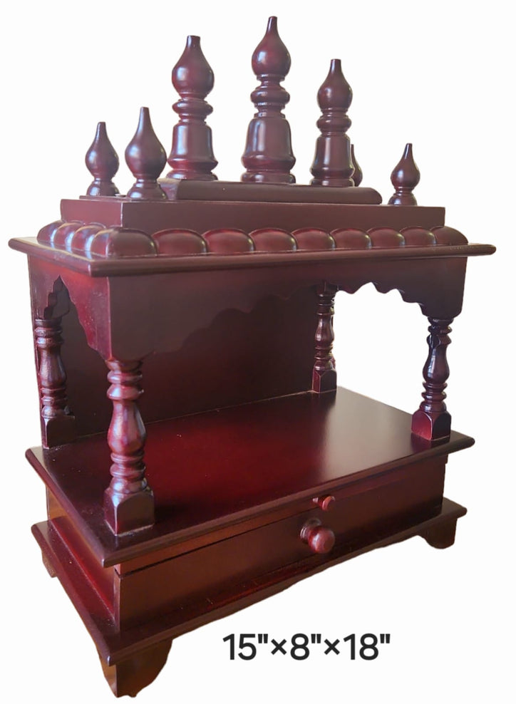 15”x8”x18” Brown Wooden Mandir Altar Without Doors, Large Storage Drawer, and Extra Long Pull-Out Tray for Daily Pooja