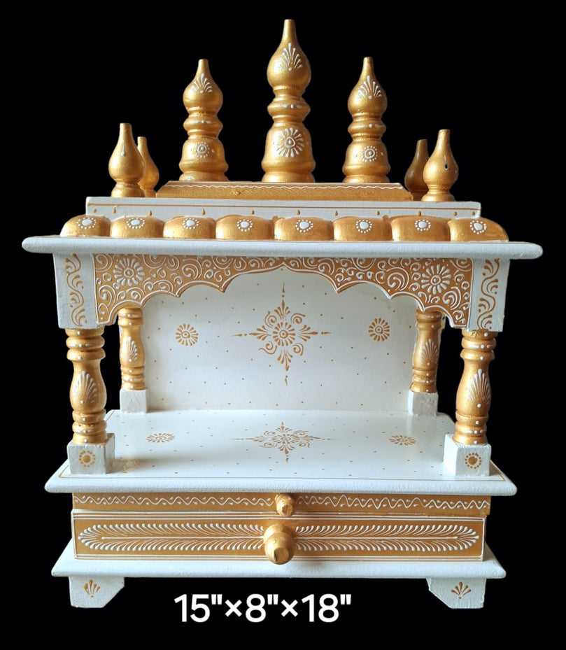 15”x8”x18” White and Gold Wooden Mandir with Extra Large Drawer and Pull-Out Tray