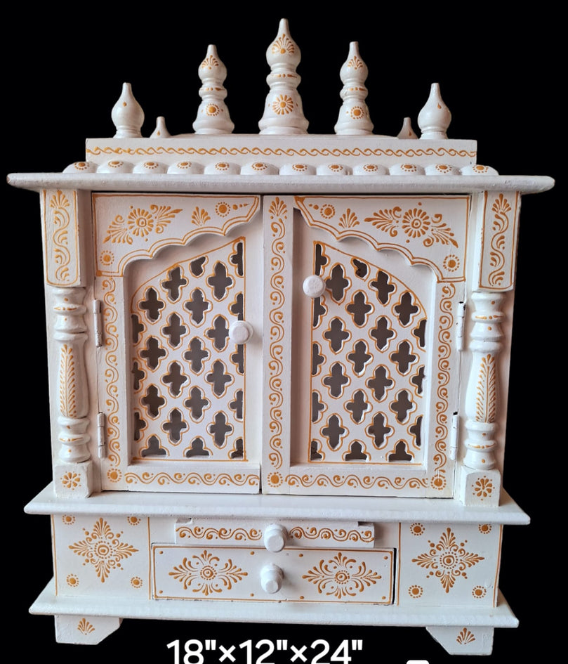 18”x12”x24” White Wooden Mandir with Gold Accents, Double Doors, Storage Drawer, and Extra Large Pull-Out Tray