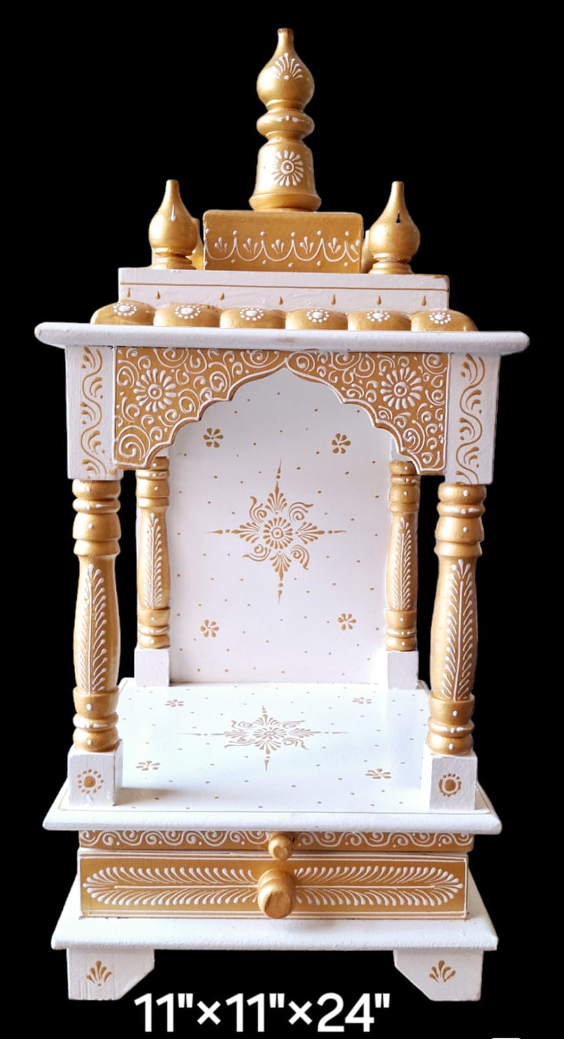 11”x11”x24” White and Gold Wooden Mandir with Drawer, Hanging Hooks, and Intricate Handcrafted Design