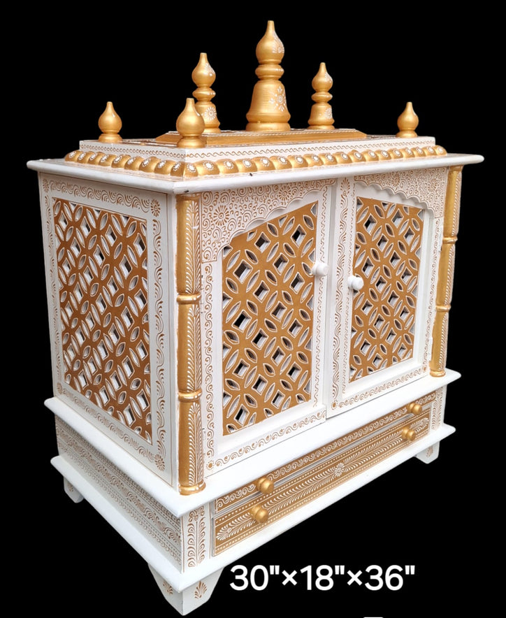 30”x18”x36” White and Gold Wooden Mandir with Double XL Drawer, and Extra Large Pull-Out Tray