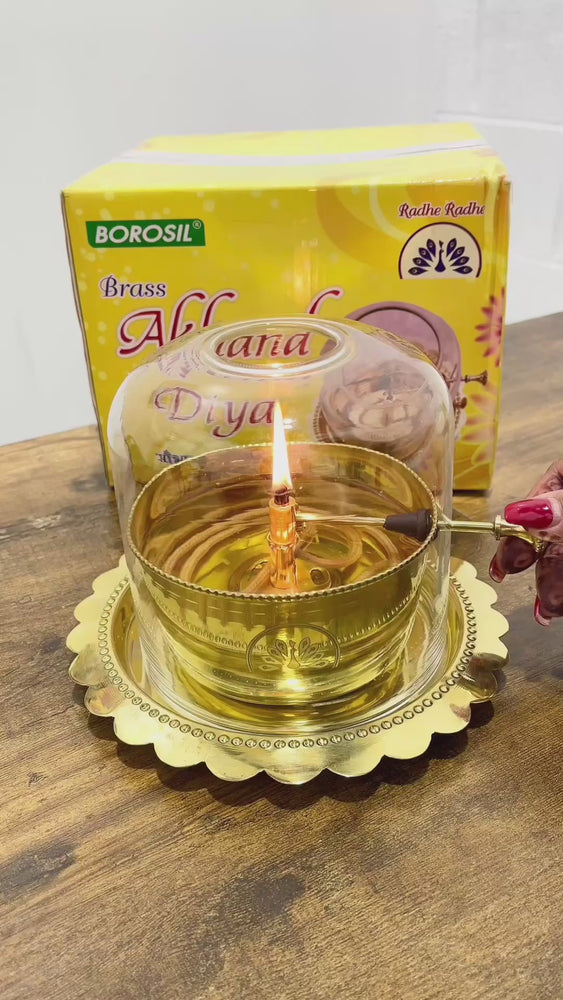 Akhand Joyt Brass Diya With Wick Lifting Screw Lever for Long Lasting Flame (Wick Included)