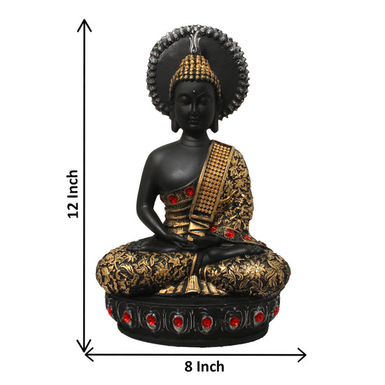 Elegant Meditating Buddha Idol, Black, Gold & Red Diamond Studded Finish