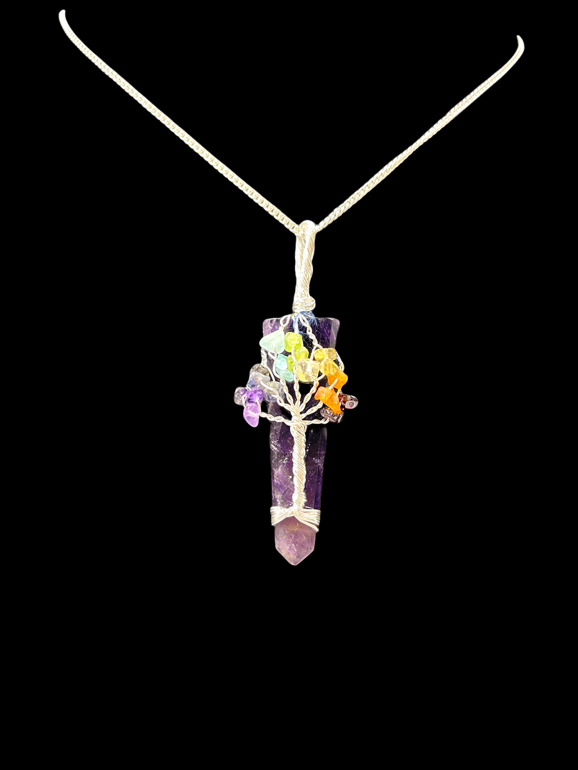 Seven Chakra Tree of Life wrapped on Amethyst Gemstone Pendant