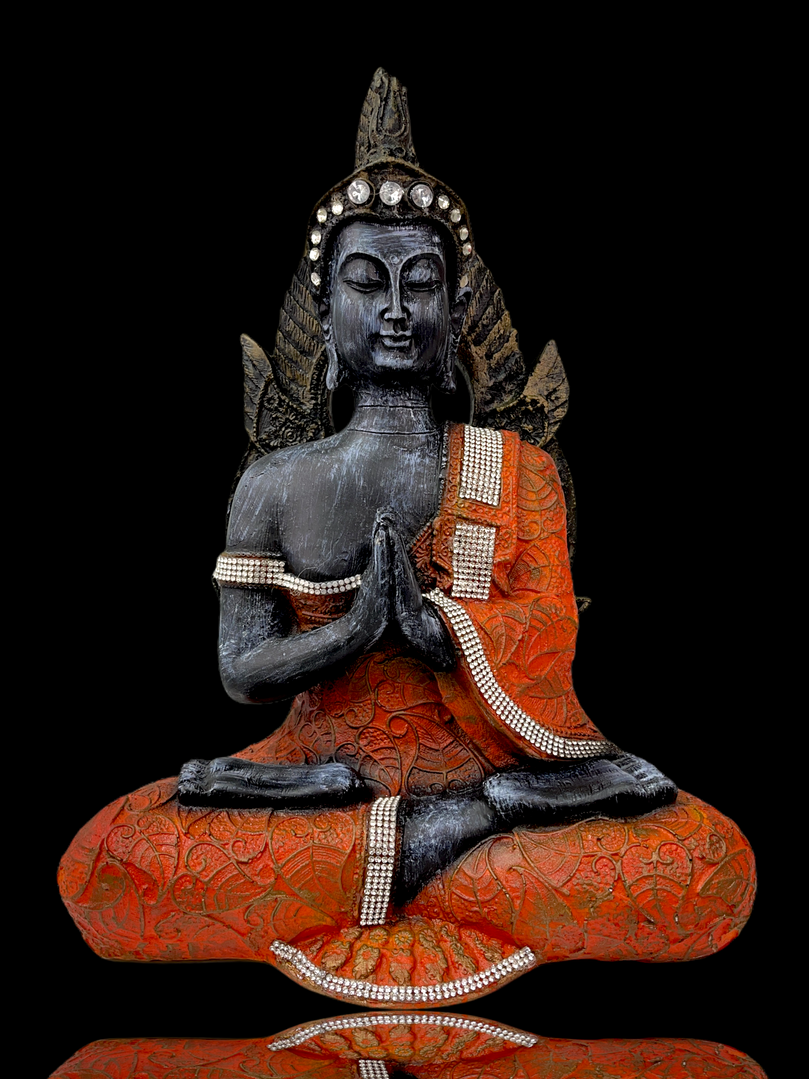 Orange & Black Crystal Studded Buddha Praying