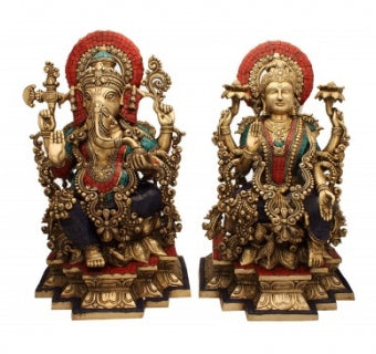 Colorful Brass Ganesh Ji & Lakshmi Ji Idols