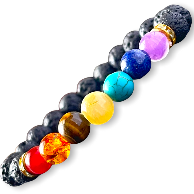 Genuine Natural Semi-Precious 7 Chakra & Lava Rock Stone Bracelet