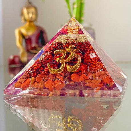 Om, Rudraksha Seed, & Red Jasper Orgone Pyramid