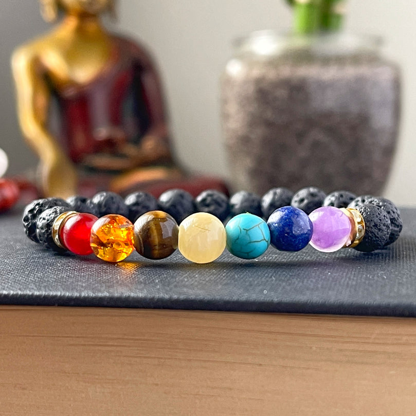 Genuine Natural Semi-Precious 7 Chakra & Lava Rock Stone Bracelet