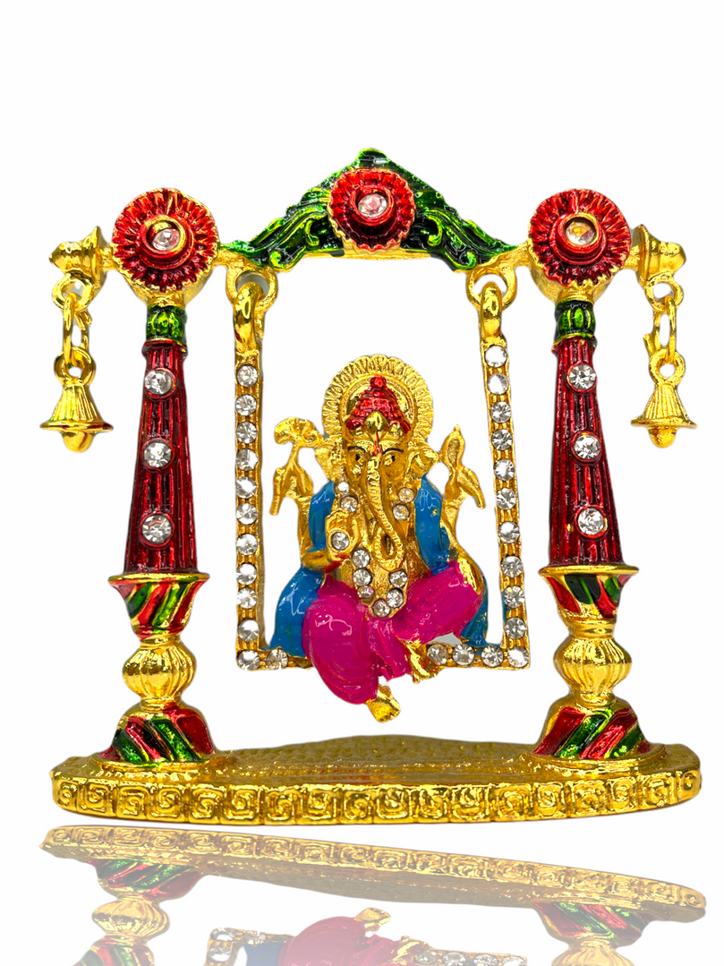 Crystal Studded Sri Ganesh ji on Swing Car Idol (Double Sided Tape Included)