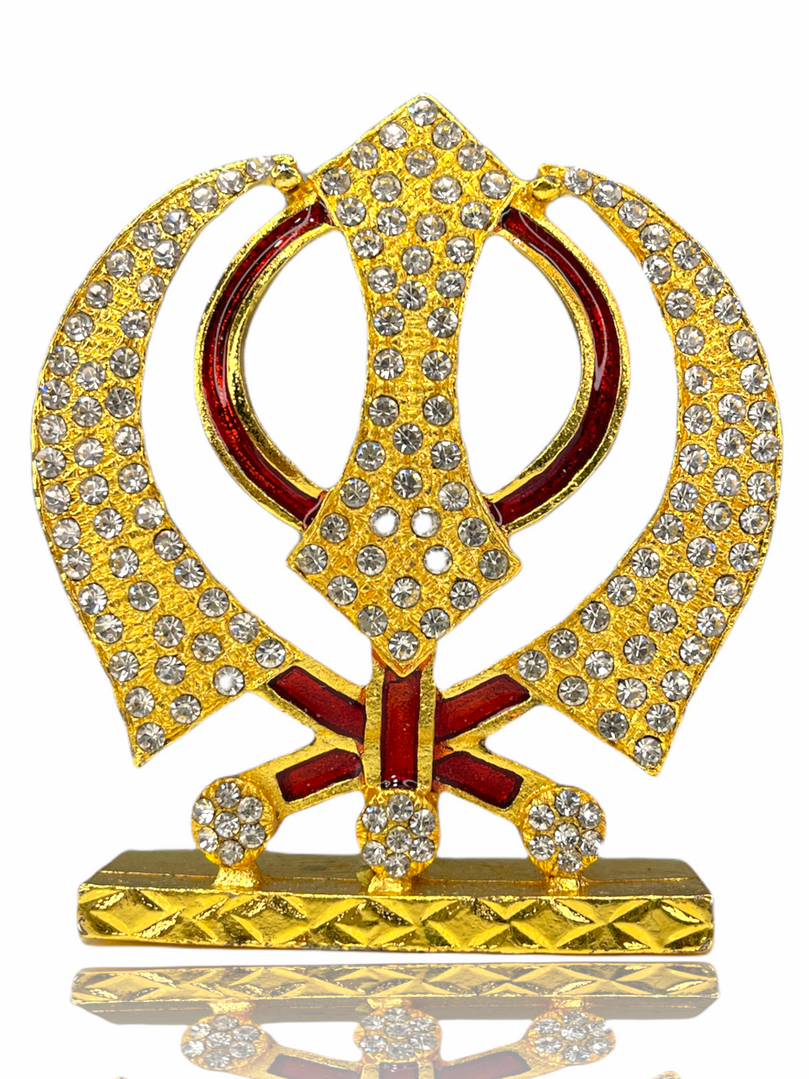 Crystal Studded Golden & Red Khanda Car Idol (Double Sided Tape Included)