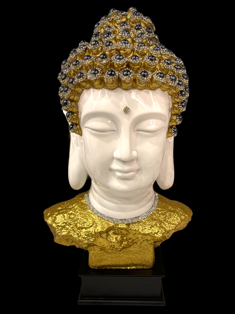 Gold Blue Gem Studded Buddha head on pedestal