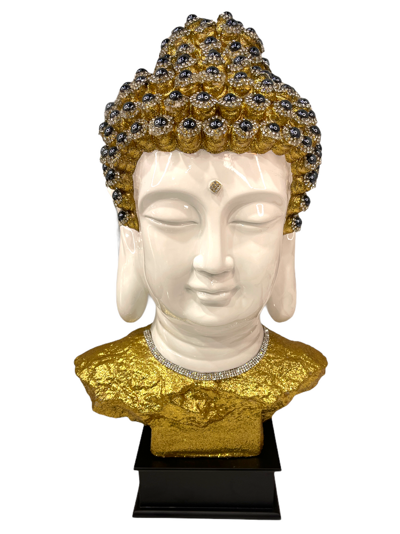 Gold Blue Gem Studded Buddha head on pedestal