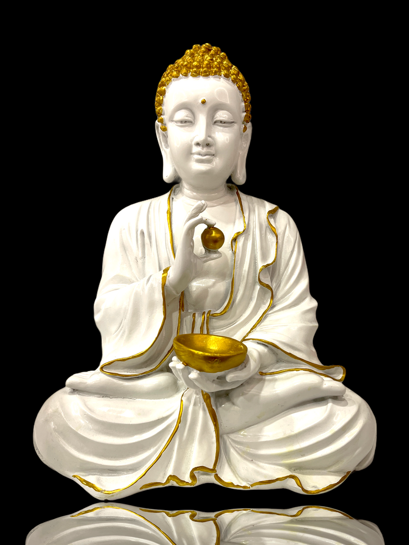 Black/White Buddha holding gold ball & bowl