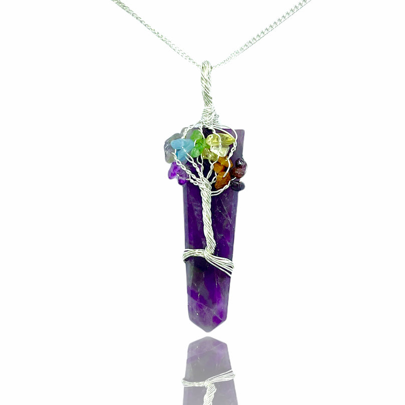 Seven Chakra Tree of Life wrapped on Amethyst Gemstone Pendant